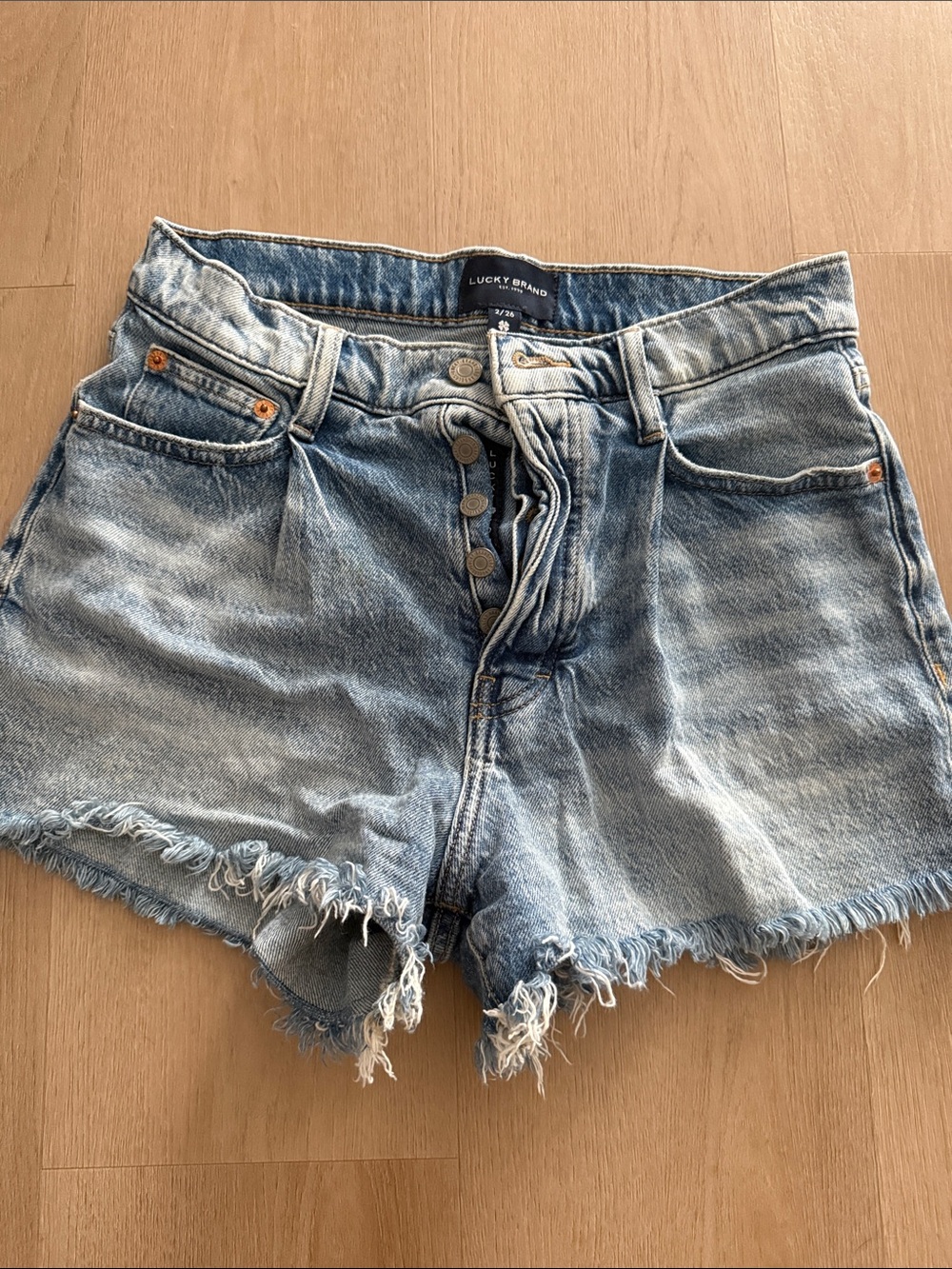 Lucky Brand Faded Blue Button-Front Frayed Denim Shorts